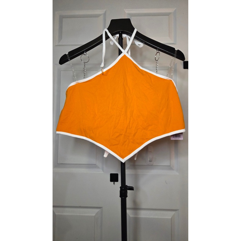 Wild Fable Women Orange White Trim Halter Tie Back Handkerchief Hem Crop Top S